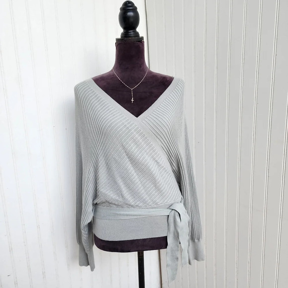LOVE TREE V-NECK Cool Blue Wrap Sweater Ribbed Knit Gray Long Sleeves Tie Sz XL - Picture 1 of 13